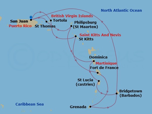 Route map: San Juan, Puerto Rico → St. Thomas, Virgin Islands → St. Maarten → Dominica → St. Lucia → Barbados → San Juan, Puerto Rico → Tortola, British Virgin Islands → St. Kitts → Martinique