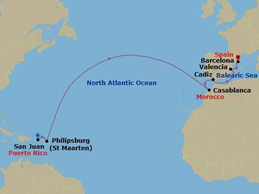 Route map: San Juan → Philipsburg → Casablanca → Seville (Cadiz) → Valencia → Barcelona