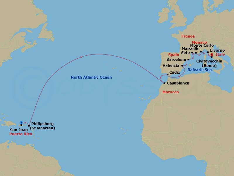 Route map: San Juan → Philipsburg → Casablanca → Seville (Cadiz) → Valencia → Barcelona → Sete → Marseille → Monte Carlo → Florence/Pisa (Livorno)