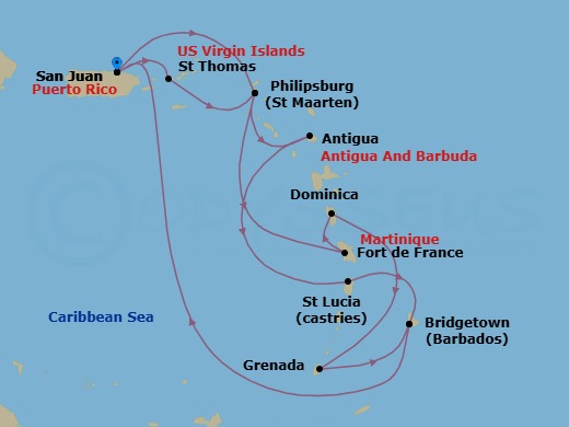 Route map: San Juan, Puerto Rico → St. Maarten → Martinique → Dominica → Grenada → Barbados → San Juan, Puerto Rico → St. Thomas, Virgin Islands → St. Maarten → Antigua