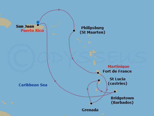 Route map: San Juan, Puerto Rico → St. Maarten → Martinique → Grenada → St. Lucia → Barbados → San Juan, Puerto Rico