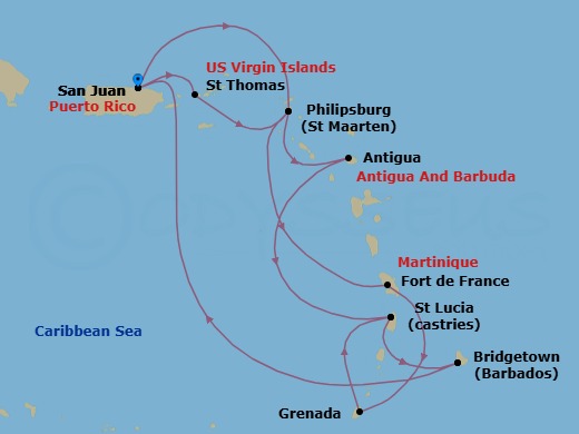 Route map: San Juan, Puerto Rico → St. Maarten → Martinique → Grenada → St. Lucia → Barbados → San Juan, Puerto Rico → St. Thomas, Virgin Islands → St. Maarten → Antigua