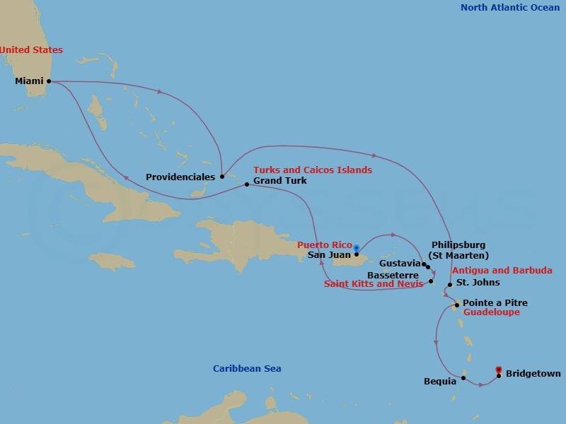 Route map: San Juan → St. Maarten/Philipsburg → Gustavia → Basseterre → Grand Turk → Miami → Providenciales → St. John's (Antigua) → Pointe-A-Pitre → Bequia
