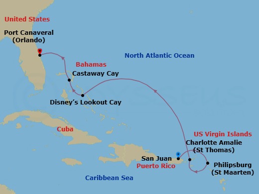 Route map: San Juan → Philipsburg, St. Maarten → St. Thomas,U.S. Virgin Is → Disney Lookout Cay → Castaway Cay → Port Canaveral