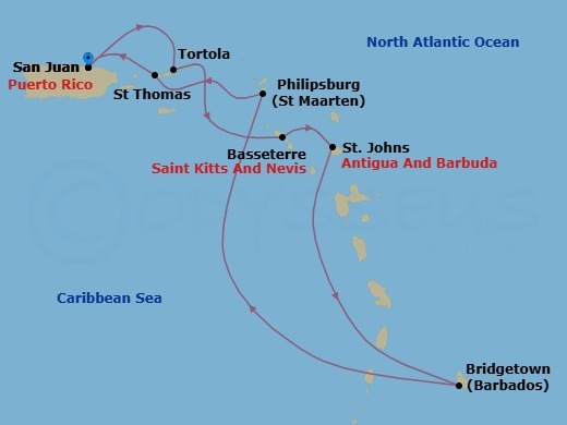 Route map: San Juan, Pr → Tortola, British Virgin Islands → Basseterre, Saint Kitts - Nevis → St  Johns  Antigua → Bridgetown, Barbados → Philipsburg St  Maarten, Netherland Antilles → St Thomas, Vi → San Juan, Pr