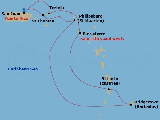 Route map: San Juan, Pr → Tortola, British Virgin Islands → Basseterre, Saint Kitts - Nevis → St Lucia, Saint Lucia → Bridgetown, Barbados → Philipsburg St  Maarten, Netherland Antilles → St Thomas, Vi → San Juan, Pr