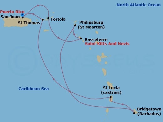 Route map: San Juan, Pr → Tortola, British Virgin Islands → Basseterre, Saint Kitts - Nevis → Philipsburg St  Maarten, Netherland Antilles → Bridgetown, Barbados → St Lucia, Saint Lucia → St Thomas, Vi → San Juan, Pr