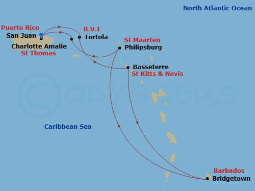 Route map: San Juan, Pr → Tortola, British Virgin Islands → Basseterre, Saint Kitts - Nevis → Bridgetown, Barbados → Philipsburg St  Maarten, Netherland Antilles → St Thomas, Vi → San Juan, Pr