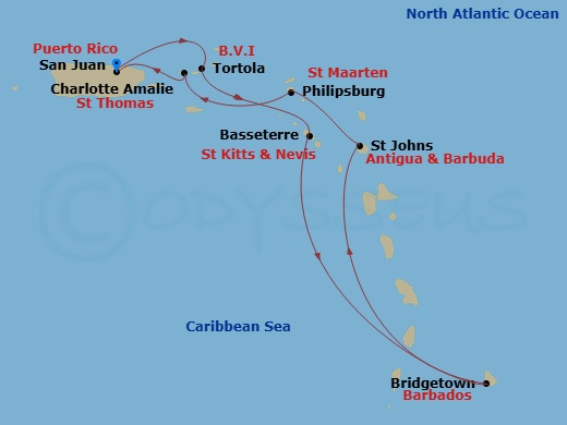 Route map: San Juan, Pr → Tortola, British Virgin Islands → Basseterre, Saint Kitts - Nevis → Bridgetown, Barbados → St  Johns  Antigua → Philipsburg St  Maarten, Netherland Antilles → St Thomas, Vi → San Juan, Pr