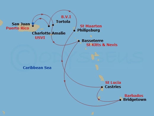Route map: San Juan, Pr → Tortola, British Virgin Islands → Basseterre, Saint Kitts - Nevis → Bridgetown, Barbados → St Lucia, Saint Lucia → Philipsburg St  Maarten, Netherland Antilles → St Thomas, Vi → San Juan, Pr
