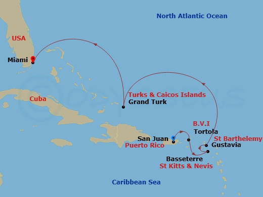 Route map: San Juan → Tortola/Road Town → Basseterre → Gustavia → Grand Turk → Miami
