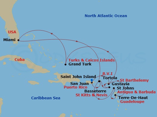 Route map: San Juan → Tortola/Road Town → Basseterre → Gustavia → Grand Turk → Miami → Saint John/Cruz Bay → St. John's (Antigua) → Terre-De-Haut → Gustavia