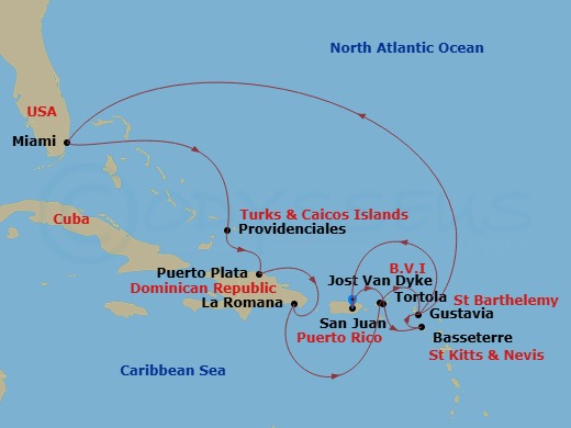 Route map: San Juan → Road Bay → St. John's (Antigua) → Frederiksted, Saint Croix → Isla Catalina → Puerto Plata, Dominican Republic → Miami → Saint John/Cruz Bay → St. John's (Antigua) → Terre-De-Haut
