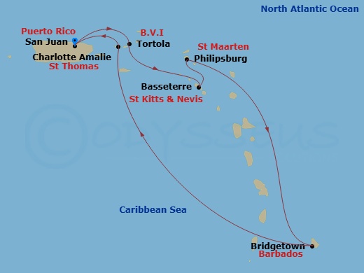 Route map: San Juan, Pr → Tortola, British Virgin Islands → Basseterre, Saint Kitts - Nevis → Philipsburg St  Maarten, Netherland Antilles → Bridgetown, Barbados → St Thomas, Vi → San Juan, Pr