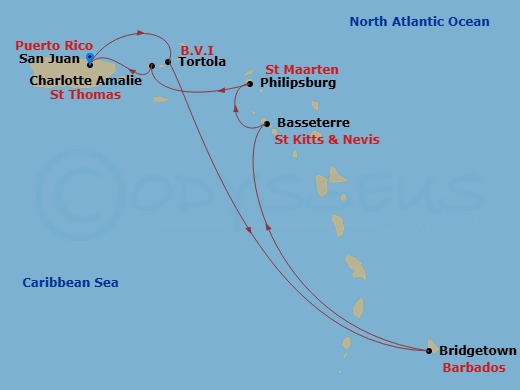 Route map: San Juan, Pr → Tortola, British Virgin Islands → Bridgetown, Barbados → Basseterre, Saint Kitts - Nevis → Philipsburg St  Maarten, Netherland Antilles → St Thomas, Vi → San Juan, Pr
