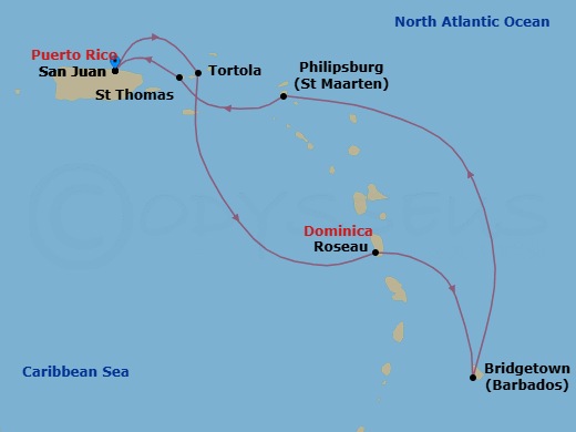 Route map: San Juan, Pr → Tortola, British Virgin Islands → Roseau, Dominica → Bridgetown, Barbados → Philipsburg St  Maarten, Netherland Antilles → St Thomas, Vi → San Juan, Pr