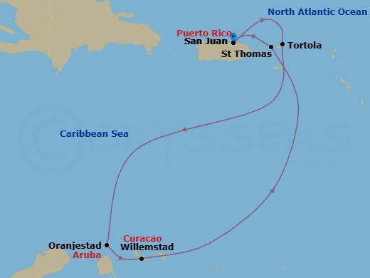 Route map: San Juan, Pr → Tortola, British Virgin Islands → Oranjestad, Aruba → Willemstad, Netherland Antilles → St Thomas, Vi → San Juan, Pr