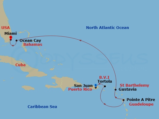 Route map: San Juan → Tortola/Road Town → Pointe-A-Pitre → Gustavia → Ocean Cay → Miami