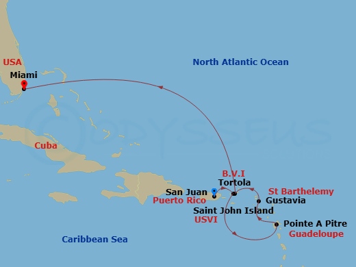 Route map: San Juan → Tortola/Road Town → Pointe-A-Pitre → Gustavia → Saint John/Cruz Bay → Miami