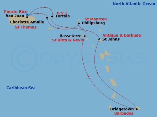 Route map: San Juan, Pr → Tortola, British Virgin Islands → St  Johns  Antigua → Bridgetown, Barbados → Basseterre, Saint Kitts - Nevis → Philipsburg St  Maarten, Netherland Antilles → St Thomas, Vi → San Juan, Pr
