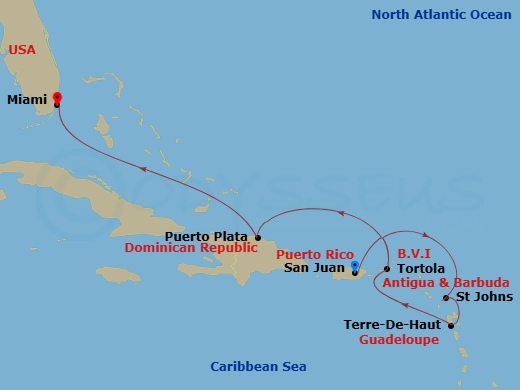 Route map: San Juan → Charlotte Amalie (Saint Thomas) → St. John's (Antigua) → Terre-De-Haut → Puerto Plata, Dominican Republic → Miami