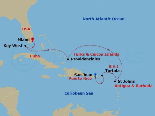 Route map: San Juan → Tortola/Road Town → St. John's (Antigua) → Providenciales → Key West → Miami