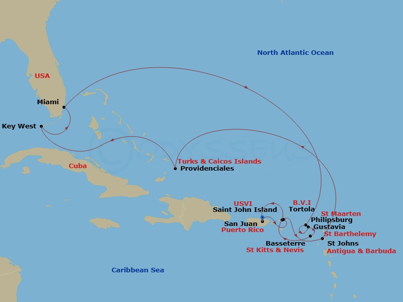 Route map: San Juan → Tortola/Road Town → St. John's (Antigua) → Providenciales → Key West → Miami → St. Maarten/Philipsburg → Gustavia → Basseterre → Saint John/Cruz Bay