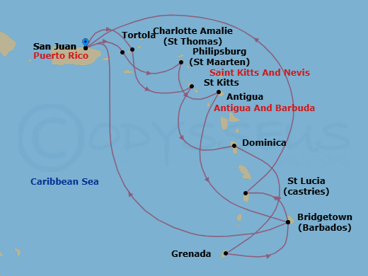 Route map: San Juan, Puerto Rico → Tortola, British Virgin Islands → St. Kitts → Dominica → Grenada → Barbados → San Juan, Puerto Rico → St. Thomas, Virgin Islands → St. Maarten → Antigua