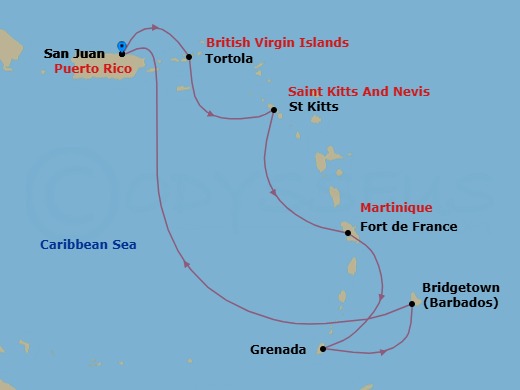 Route map: San Juan, Puerto Rico → Tortola, British Virgin Islands → St. Kitts → Martinique → Grenada → Barbados → San Juan, Puerto Rico