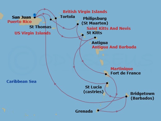 Route map: San Juan, Puerto Rico → Tortola, British Virgin Islands → St. Kitts → Martinique → Grenada → Barbados → San Juan, Puerto Rico → St. Thomas, Virgin Islands → St. Maarten → Antigua