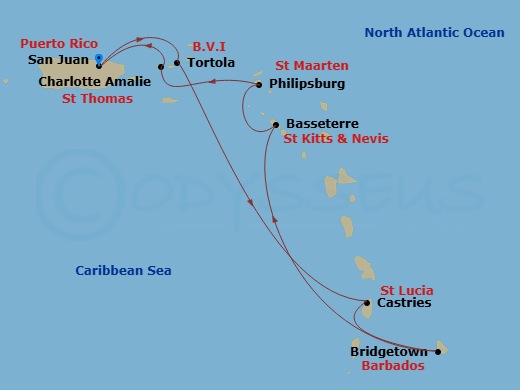 Route map: San Juan, Pr → Tortola, British Virgin Islands → St Lucia, Saint Lucia → Bridgetown, Barbados → Basseterre, Saint Kitts - Nevis → Philipsburg St  Maarten, Netherland Antilles → St Thomas, Vi → San Juan, Pr
