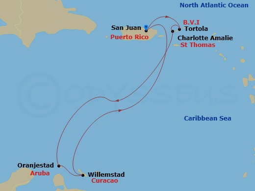 Route map: San Juan, Pr → Tortola, British Virgin Islands → St Thomas, Vi → Oranjestad, Aruba → Willemstad, Netherland Antilles → San Juan, Pr