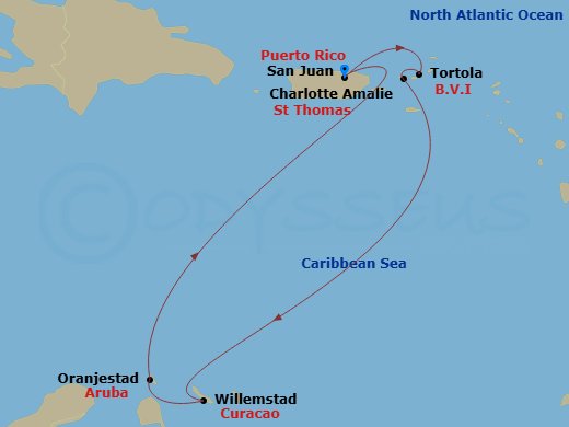 Route map: San Juan, Pr → Tortola, British Virgin Islands → St Thomas, Vi → Willemstad, Netherland Antilles → Oranjestad, Aruba → San Juan, Pr