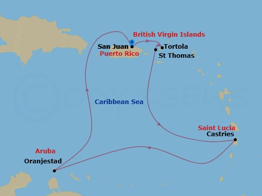 Route map: San Juan, Pr → Tortola, British Virgin Islands → St Thomas, Vi → St Lucia, Saint Lucia → Oranjestad, Aruba → San Juan, Pr