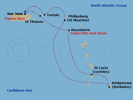Route map: San Juan, Pr → Tortola, British Virgin Islands → Philipsburg St  Maarten, Netherland Antilles → Bridgetown, Barbados → St Lucia, Saint Lucia → Basseterre, Saint Kitts - Nevis → St Thomas, Vi → San Juan, Pr