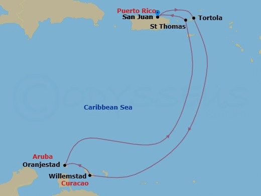 Route map: San Juan, Pr → Tortola, British Virgin Islands → Willemstad, Netherland Antilles → Oranjestad, Aruba → St Thomas, Vi → San Juan, Pr