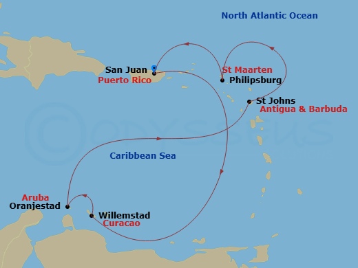 Route map: San Juan → Curacao → Aruba → Antigua → Philipsburg, St. Maarten → San Juan