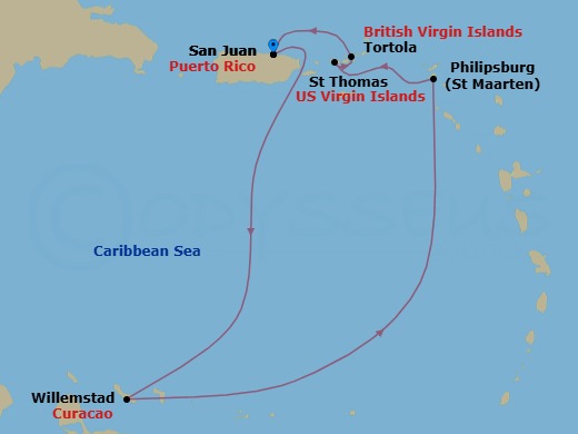 Route map: San Juan, Pr → Willemstad, Netherland Antilles → Philipsburg St  Maarten, Netherland Antilles → St Thomas, Vi → Tortola, British Virgin Islands → San Juan, Pr