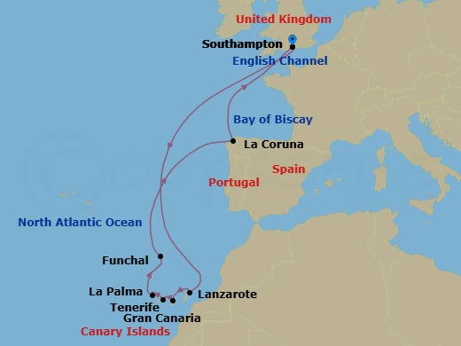 Route map: Southampton, England, UK → Lanzarote, Spain → Gran Canaria, Spain → Tenerife, Spain → La Palma, Spain → Funchal, Madeira, Portugal → La Coruna (tours to Santiago de Compostela), Spain → Southampton, England, UK