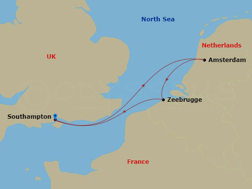 Route map: Southampton, England, UK → Rotterdam, Netherlands → Zeebrugge (tours to Bruges), Belgium → Southampton, England, UK