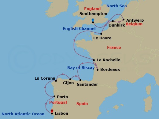 Route map: Southampton → Antwerp → Dunkirk → Le Havre → La Rochelle → Bordeaux → Santander → Gijon → La Coruna → Porto