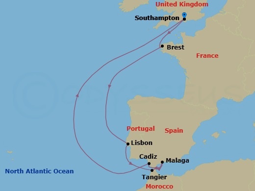 Route map: Southampton (London) United Kingdom → Brest France → Lisbon (Cascais) Portugal → Tangier (Tetouan) Morocco → Malaga (Granada) Spain → Cadiz (Seville) Spain → Southampton (London) United Kingdom