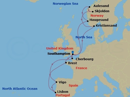 Route map: Southampton (London) United Kingdom → Brest France → Lisbon (Cascais) Portugal → Vigo (Santiago de Compostela) Spain → Cherbourg (Mt St Michel) France → Southampton (London) United Kingdom → Haugesund Norway → Alesund Norway → Skjolden Norway → Kristiansand Norway