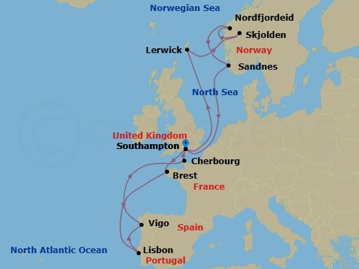 Route map: Southampton (London) United Kingdom → Brest France → Lisbon (Cascais) Portugal → Vigo (Santiago de Compostela) Spain → Cherbourg (Mt St Michel) France → Southampton (London) United Kingdom → Lerwick (Shetland Is) United Kingdom → Skjolden Norway → Nordfjordeid Norway → Sandnes Norway