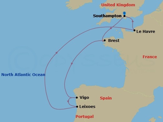 Route map: Southampton (London) United Kingdom → Brest France → Vigo (Santiago de Compostela) Spain → Leixoes (Porto) Portugal → Le Havre (Paris) France → Southampton (London) United Kingdom