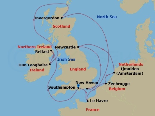 Route map: London (Southampton), England, Great Britain → Belfast, Northern Ireland, United Kingdom → Dublin  Dun Laoghaire  Ireland → Invergordon (Inverness), Great Britain → Edinburgh (Newhaven), Scotland, United Kingdom → Newcastle  Tyne, United Kingdom → Amsterdam  Ijmuiden, Netherlands → Zeebrugge  Brussels Brugge, Belgium → Le Havre  Paris, France → London (Southampton), England, Great Britain