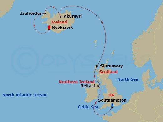 Route map: Southampton → Belfast → Stornoway (Isle Of Lewis) → Akureyri → Isafjordur → Reykjavik