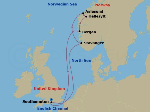 Route map: Southampton → Bergen → Hellesyit → Alesund → Stavanger → Southampton