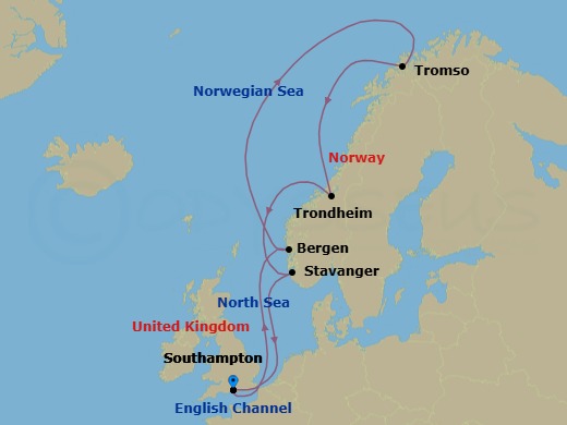 Route map: Southampton, England, UK → Bergen, Norway → Tromso, Norway → Trondheim, Norway → Stavanger, Norway → Southampton, England, UK
