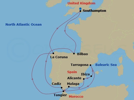 Route map: Southampton (London) United Kingdom → Bilbao Spain → Cadiz (Seville) Spain → Malaga (Granada) Spain → Alicante Spain → Ibiza (Baleari Is) Spain → Tarragona Spain → Tangier (Tetouan) Morocco → La Coruna (Santiago de Compostela) Spain → Southampton (London) United Kingdom